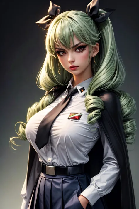 (ultra realistic,32k, masterpiece:1.1),(high detailed skin:1.1), 8k uhd, dslr, high quality,(makeup, mascara:1.1), (thick\lips\),
<lora:anchovy:0.7>aaanchovy,light green color long hair,twin drills,bangs,hair ribbon,anzio school uniform,long sleeves,black cape,emblem,black necktie,wing collar,dress shirt,black belt,(black skirt:1.1),white pantyhose,, , <lora:add_detail:0.94>, huge breast, (upper body:1.1),
(looking at viewer, portrait:1.1),,
,(glow in the dark:1.1), blank background