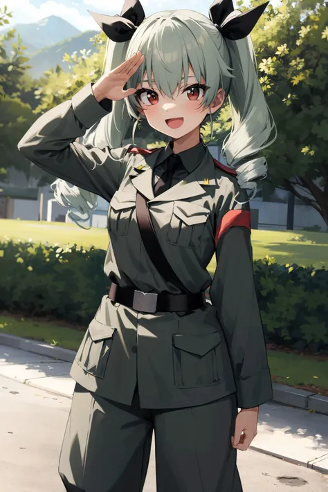 masterpiece,best quality,highres,ultra-detailed,bbanchovy,long hair,twin drills,bangs,hair ribbon,anzio military uniform,wing collar,black necktie,grey jacket,long sleeves,black shirt,black belt,pants tucked in,grey pants,knee boots,<lora:anchovy:0.8>,outdoors,standing,:d,salute,
