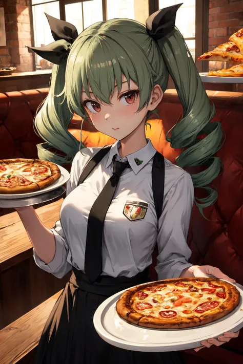 (masterpiece), best quality, (slender, breasts), pizza, indoors, restaurant, presenting a tray with a pizza,
aaanchovy,long hair,twin drills,bangs,hair ribbon pizzaiolo uniform,<lora:anchovy:0.8>,