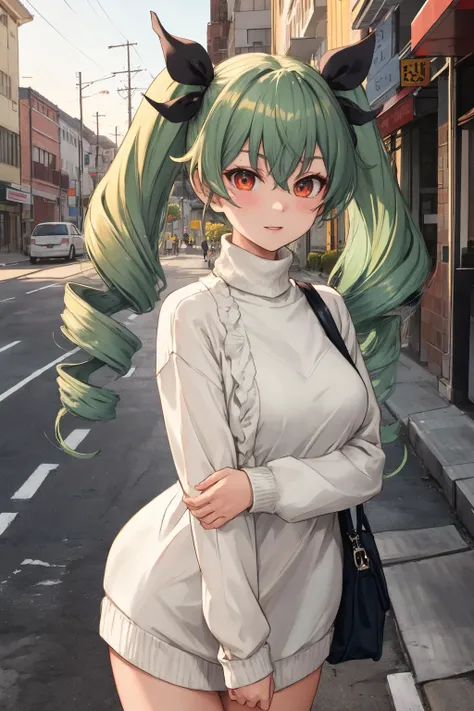 masterpiece,best quality,highres,ultra-detailed,aaanchovy,long hair,twin drills,bangs,hair ribbon,<lora:anchovy:0.8>,sweater,turtleneck,street,smile,standing,