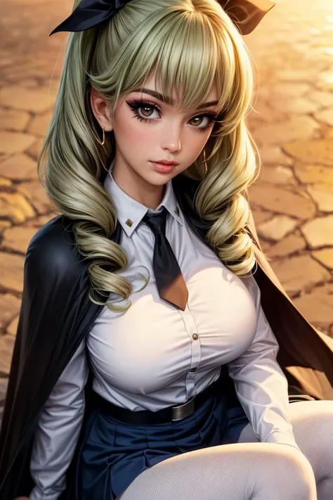 (ultra realistic,32k, masterpiece:1.1),(high detailed skin:1.1), 8k uhd, dslr, high quality,(makeup, mascara:1.1), (thick\lips\),
<lora:anchovy:0.7>aaanchovy,light green color long hair,twin drills,bangs,hair ribbon,anzio school uniform,long sleeves,black cape,emblem,black necktie,wing collar,dress shirt,black belt,(black skirt:1.1),white pantyhose,, , <lora:add_detail:0.99>, huge breast, (upper body:1.1),
(looking at viewer, sitting, from above:1.1),,
,(golden hour:1.1), blank background