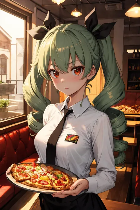 (masterpiece), best quality, (slender, breasts), pizza, indoors, restaurant, presenting a tray with a pizza,
aaanchovy,long hair,twin drills,bangs,hair ribbon pizzaiolo uniform,<lora:anchovy:0.8>,