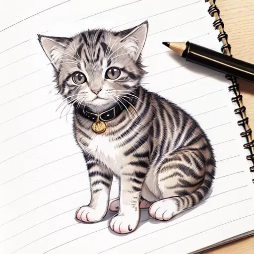 Liney4ka, lined paper, monochrome, pencil sketch, drawing of a kitten, <lora:Liney4ka:1>