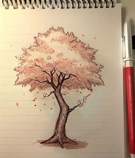 Liney4ka, lined paper, monochrome, pencil sketch, drawing of a cherry blossom tree, <lora:Liney4ka:1>