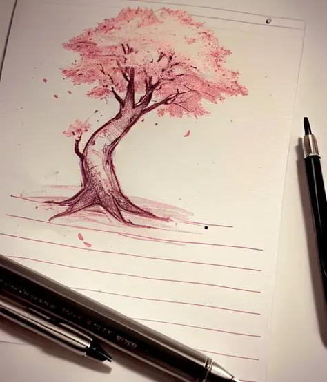 Liney4ka, lined paper, monochrome, pencil sketch,  drawing of a cherry blossom tree, <lora:Liney4ka:1>