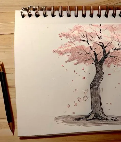 Liney4ka, lined paper, monochrome, pencil sketch, drawing of a cherry blossom tree, <lora:Liney4ka:1>
