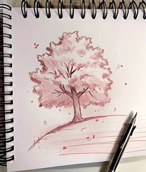 Liney4ka, lined paper, monochrome, pencil sketch,  drawing of a cherry blossom tree, <lora:Liney4ka:1>