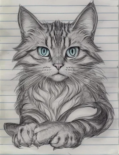 ((drawn)) fantasy cat, (on lined paper), (( paper, pen, sheet, texture)), Liney4ka <lora:Liney4ka:0.8> ((lines, paper, texture, with, paper texture)), lined background, art,