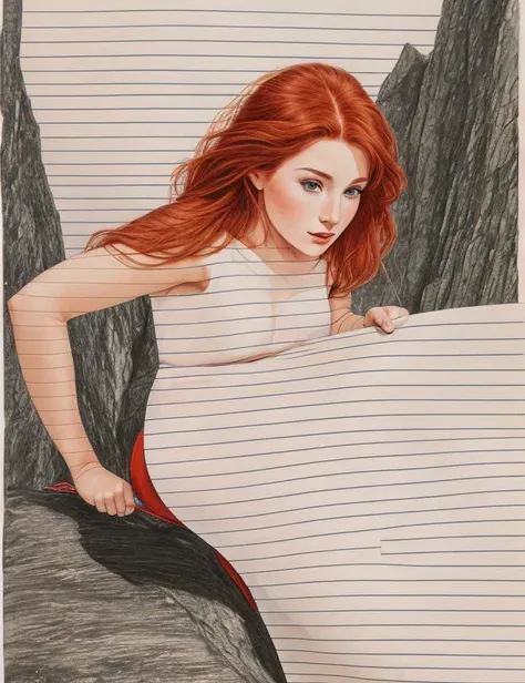 ((drawn)) a redhead woman, climbing on mountains, on lined paper, (( paper, pen, sheet, texture)), fantasy, Liney4ka <lora:Liney4ka:0.8> (lines, papaer, paper, texture, with, paper texture)