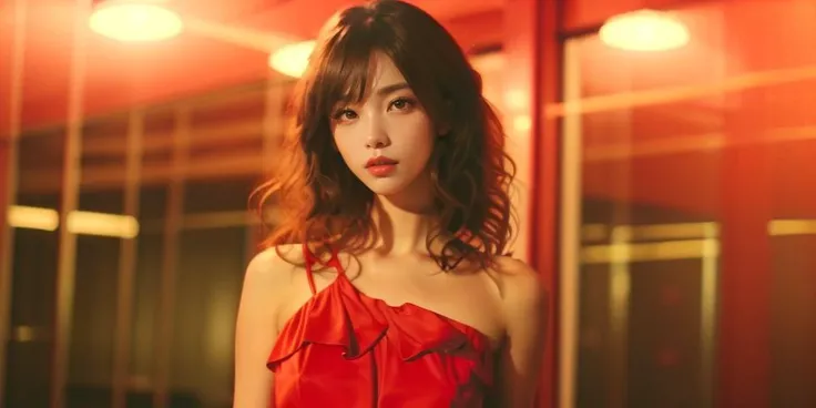film, 1girl, solo, realistic, messy hair, brown hair, upper body, lips, dress, long hair, looking at viewer, light, red dress, bare shoulders, indoors, brown eyes  <lora:JHart film:1>