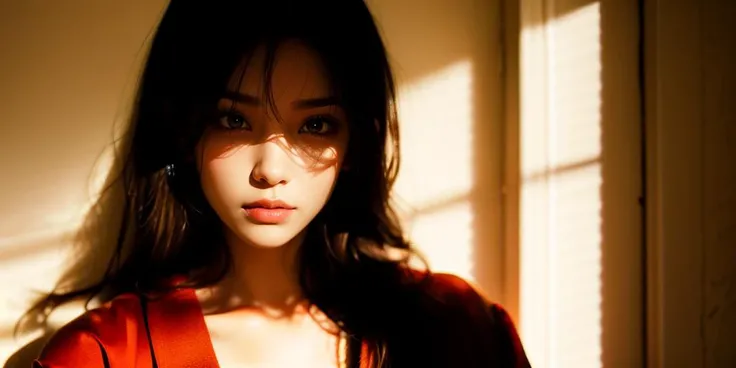 film, 1girl, solo, sunlight, lips, looking at viewer, upper body, realistic, long hair, blonde hair, japanese clothes, closed mouth, brown hair, black hair <lora:JHart film:1>