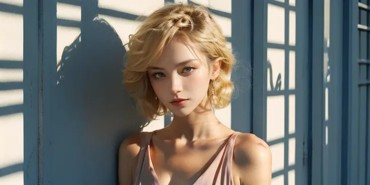 blond short hair, braid, round face, (((transparent lacy camisole))), nipples, pubic hair, live broadcasting of try on haul, sexy pose in the outside, closeup breasts,