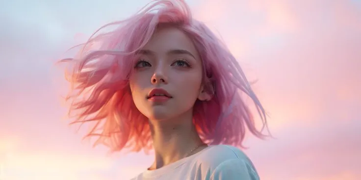 film, 1girl, solo, pink hair, freckles, shirt, realistic, parted lips, lips, green eyes, sky, wind, short hair, portrait, nose, white shirt, looking at viewer  <lora:JHart film:1>