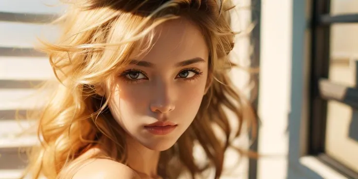 film, solo, realistic, 1girl, window, freckles, blonde hair, lips, sunlight, long hair, looking at viewer, nose, blue eyes, green eyes, messy hair <lora:JHart film:1>