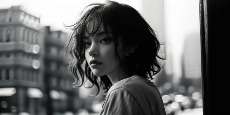 film, solo, blurry, monochrome, 1girl, blurry background, looking at viewer, messy hair, realistic, greyscale, upper body, outdoors, depth of field, lips, city, spot color, from side, building, closed mouth <lora:JHart film:1>