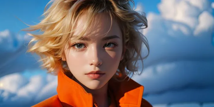film, solo, blonde hair, realistic, 1girl, short hair, looking at viewer, blue eyes, lips, shadow, closed mouth, green eyes, portrait, wind, jacket <lora:JHart film:1>