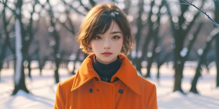film, 1girl, solo, bare tree, looking at viewer, short hair, realistic, coat, hair over one eye, tree, upper body, lips, brown hair, outdoors, blue eyes, blurry, branch, day, buttons, blurry background, snow <lora:JHart film:1>
