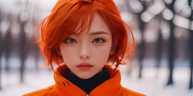 film, 1girl, solo, short hair, realistic, lips, looking at viewer, turtleneck, blue eyes, blurry, portrait, orange hair <lora:JHart film:1>