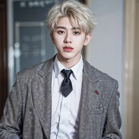 1 boy,male focus, looking at viewer, solo, formal, shirt, suit, black necktie, white shirt, blonde hair, black jacket, short hair, blurry, cxk,  Best quality, 4k, rich details, light and shadow, <lora:chickenboy:0.6>