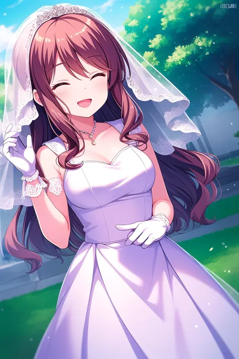 (masterpiece, best quality), highly detailed background, perfect lightingbest quality, takeuchimimi, solo, outdoors, nature, bridal veil, brown hair, hair between eyes, wavy hair, long hair, sidelocks, closed eyes, medium breasts, wedding dress, white dress, white gloves, frilled skirt, smile, open mouth, ^o^, pink lips, <lora:Takeuchi-Mimi:0.7>