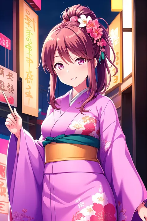 (masterpiece, best quality), highly detailed background, perfect lightingbest quality, takeuchimimi, solo, outdoors, night, summer festival, brown hair, ponytail, hair between eyes, long hair, sidelocks, pink eyes, medium breasts, pink kimono, floral print, japanese clothes, smile, closed mouth, parted lips, pink lips, <lora:Takeuchi-Mimi:0.7>