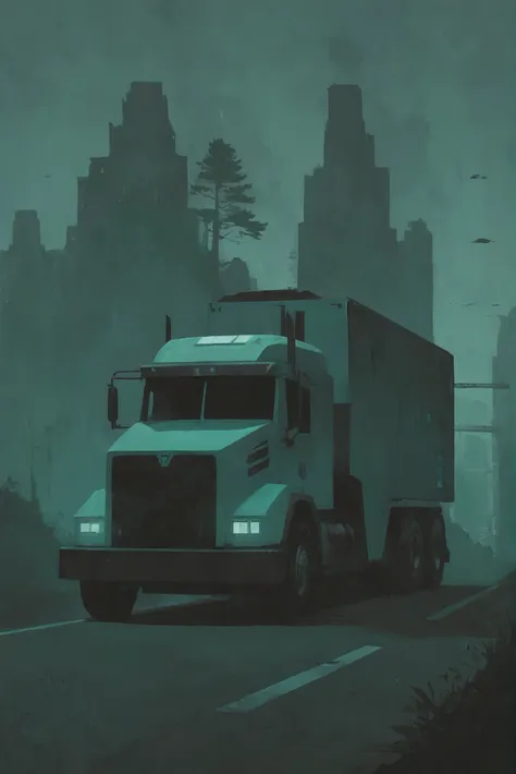 minimalist poster, minimalism, duotone matte forest green and neon aqua, A vast, bulky, cybernetic hauler truck on a country road<lora:EnvyStarlightMinimalistPosterArt01:1.2>