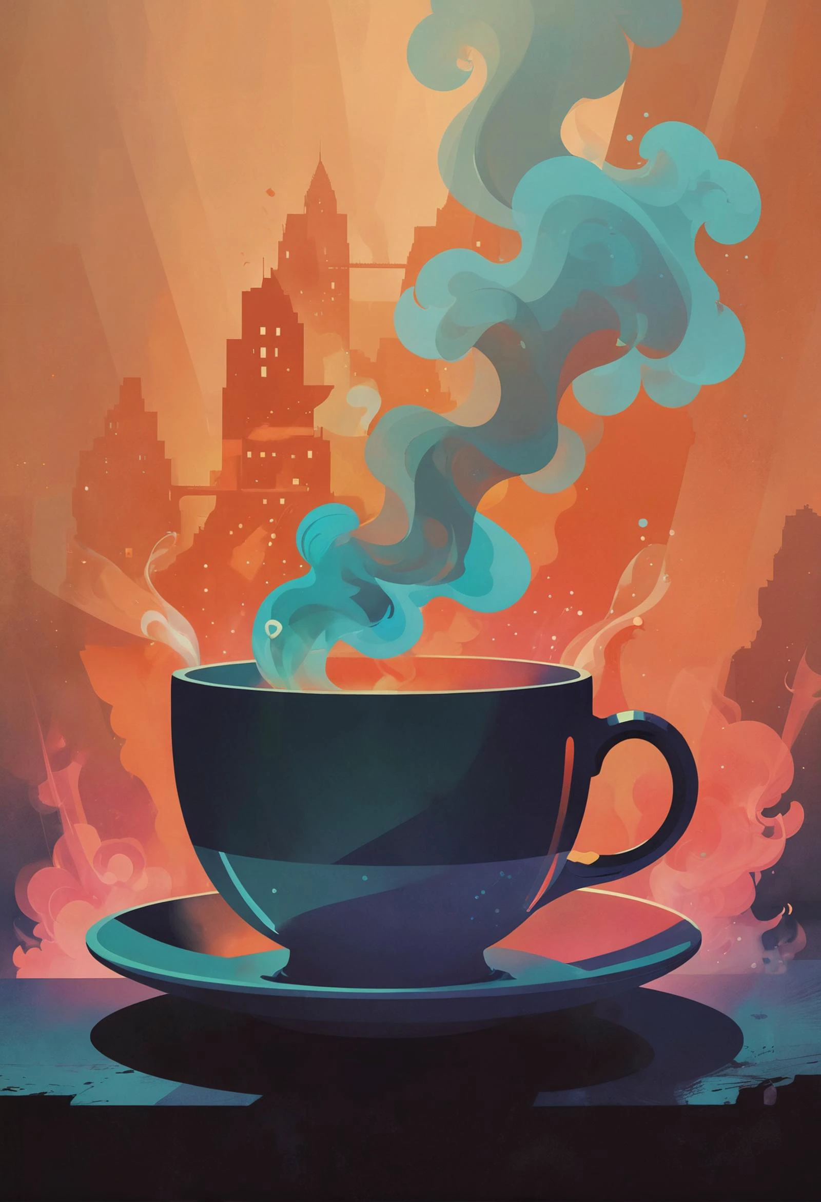 (minimalist poster, minimalism, duotone tangerine tango and ultramarine green), a steaming cup of tea with colorful smoke swirling from the top, iridescent colors, stunning background. dark and moody, a mesmerizing blend of light and shadow. masterpiece, absurdres, intricate details. <lora:envyStarlightMinimalist_v10:0.8>
