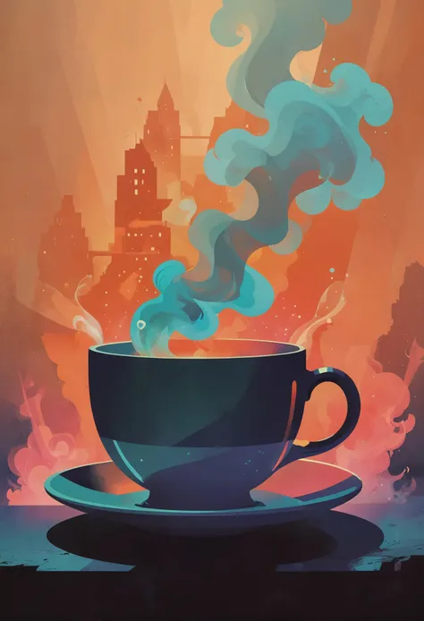 (minimalist poster, minimalism, duotone tangerine tango and ultramarine green), a steaming cup of tea with colorful smoke swirling from the top, iridescent colors, stunning background. dark and moody, a mesmerizing blend of light and shadow. masterpiece, absurdres, intricate details. <lora:envyStarlightMinimalist_v10:0.8>