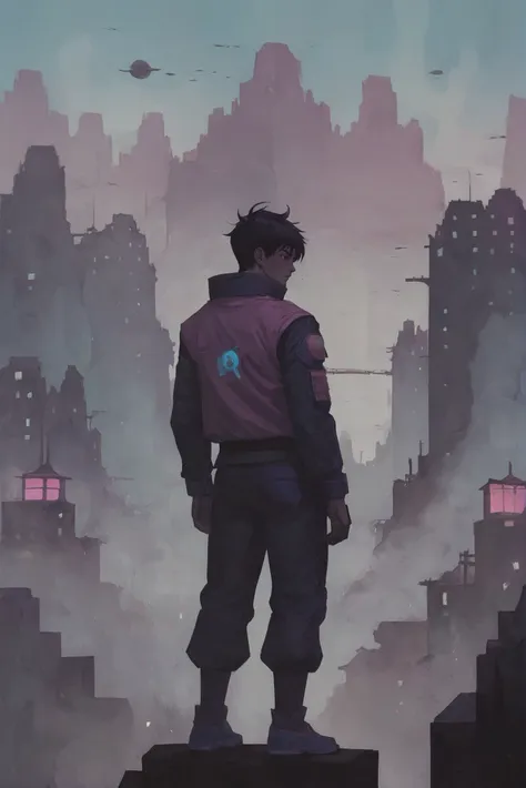 minimalist poster, minimalism, duotone bright aqua and magenta, anime style, (full body:1.2), 1boy, man, bishounen, solo, [:creative costume design,:0.2] alchemist, muted purple power armor, bomber jacket, chinese, navy hair, (solid:1.3) build, mountainside,idyllic scifi town at the end of the multiverse<lora:EnvyStarlightMinimalistPosterArt01:1.2>