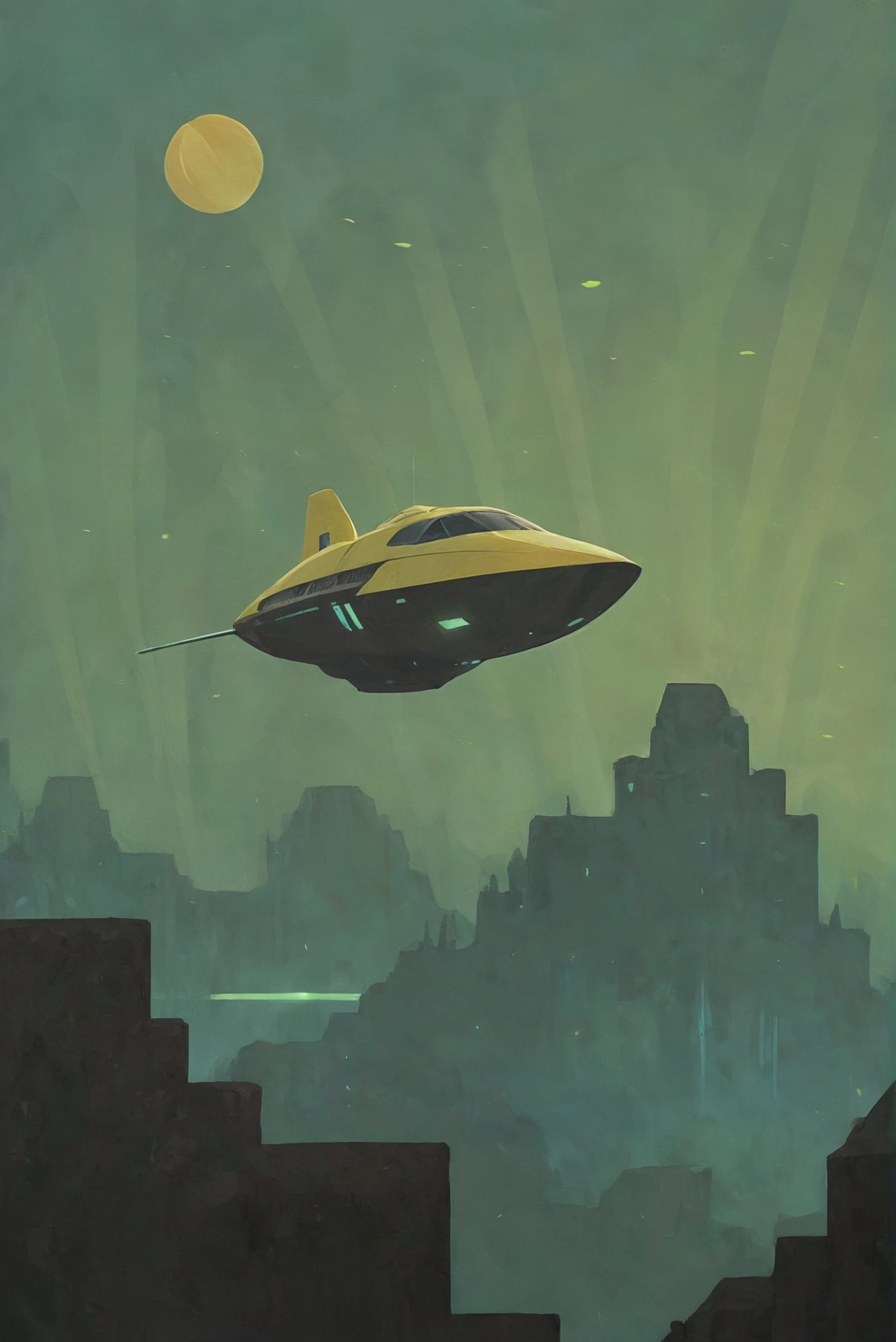 minimalist poster, minimalism, duotone iridescent yellow and iridescent blue, A luxurious, futuristic, green and orange space yacht hovering over a lunar landscape<lora:EnvyStarlightMinimalistPosterArt01:1.2>