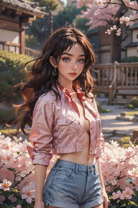 (fractal art:1.2), a cute girl,20 yo,Gray eyes, blonde hair, Long Slicked-Back Hairstyle, wearing (coral) open shirt,denim shorts,, at Serene Japanese garden with cherry blossoms, front view, earrings,bowtie, during sunrise,dramatic lighting , ((masterpiece)), (best quality), (highres), original, extremely detailed 8K , (photorealistic:1.4),flawless face, perfect eyes,symmetrica body shape,smile, <lora:ymimi_v1:0.8> <lora:add_detail:0.4>