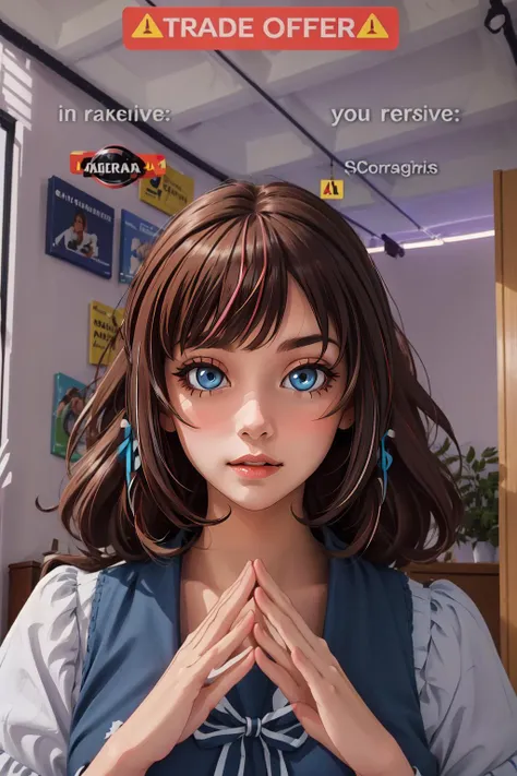 (masterpiece, best quality),  intricate details,
1girl  <lyco:KitsuneAi-KizunaAi-LoCon32V1:0.8> pink ribbon, brown hair, blue eyes,   
<lora:TradeOfferMeme:0.8> TradeOfferMeme, own hands together,