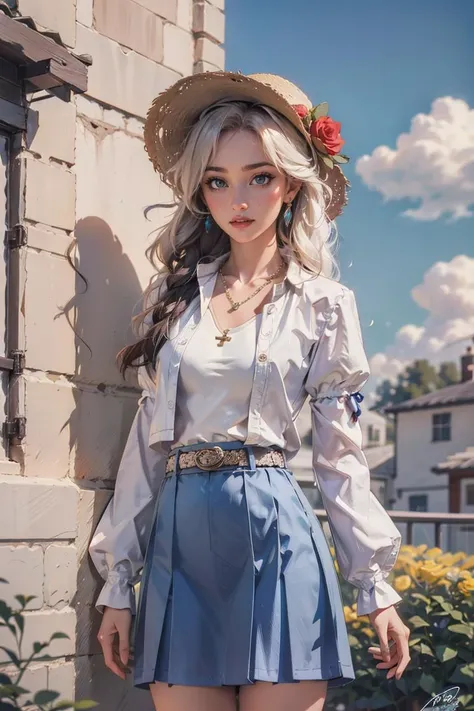 best quality, masterpiece, photorealistic, intricate detail, raw photo, photon rendering, octane rendering, ridiculous, ultra detailed, detailed face, detailed skin, trending on artstation, 8k masterpiece, cinematic lighting, 1girl, skirt, outdoor, flower, hat, solo, jewelry, blue eyes, red flower, shirt, white shirt, necklace, belt, long sleeves, looking at viewer, pleated skirt, sky, daytime, rose, blue skirt, short hair , earrings, blue sky, lip, red rose, hair accessory, black belt, cowboy shot, blush, smile, shirt tucked in, standing, cloud, buckle, collarbone, building, tree, straw hat, thigh, cross, belt buckle , sun hat, breasts, wind, hat flowers, puffy sleeves, white hair, yellow flowers, teeth, <lora:ymimi_v1:0.8>