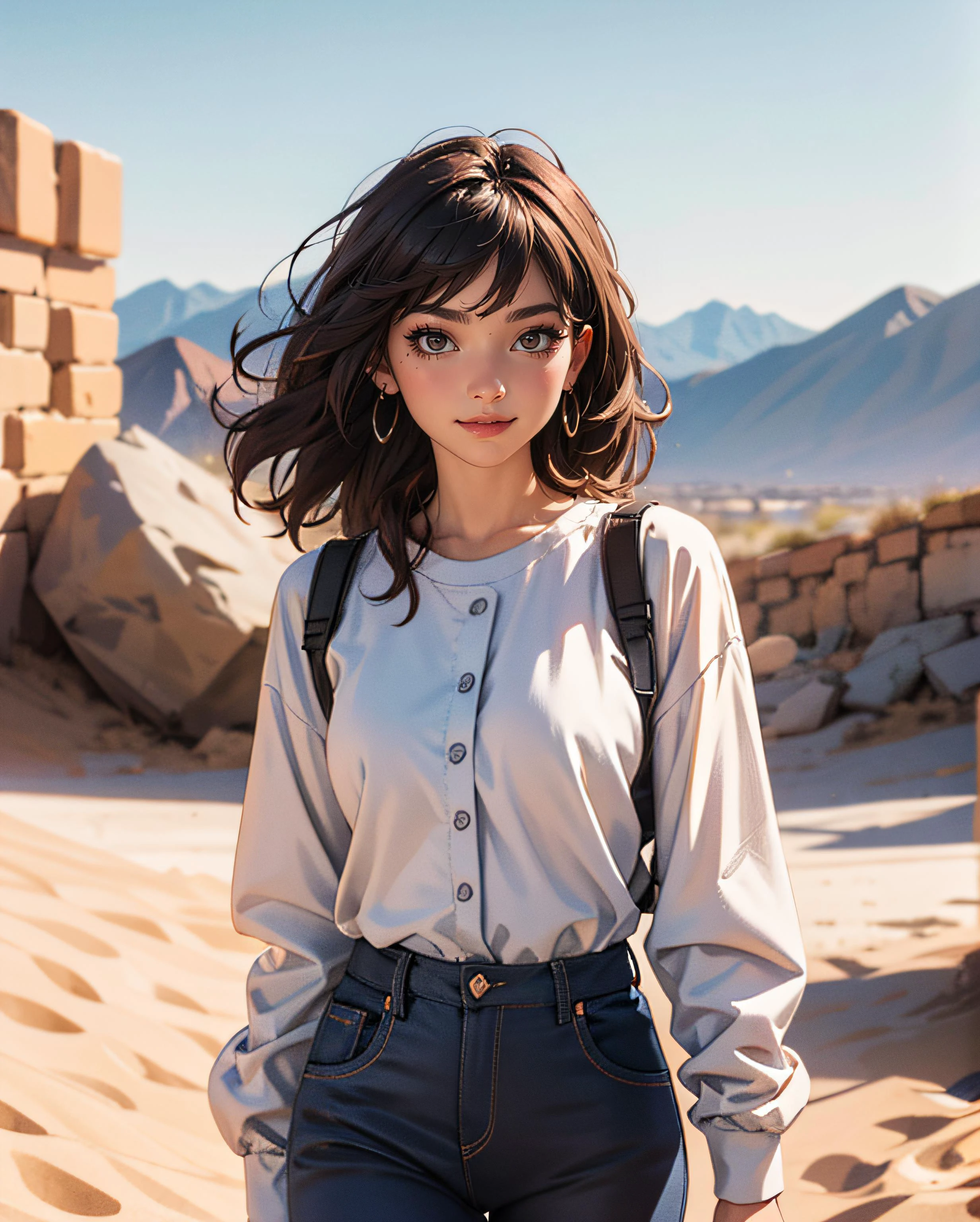 ((Best quality)), ((masterpiece)), ((realistic)), ((Best quality)), ((masterpiece)), ((realistic)), Girl walking in desert, looking tired, wearing Loose-fitting clothing Long-sleeved shirts and pants, Headgear, Sunglasses, very beautiful, in a natural and casual style on eye level, scenic, masterpiece, (highres), original, extremely detailed 8K , (photorealistic:1.4),flawless face, perfect eyes,symmetrica body shape,smile, <lora:add_detail:0.4>