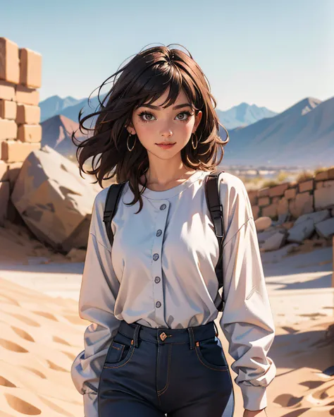 ((Best quality)), ((masterpiece)), ((realistic)), ((Best quality)), ((masterpiece)), ((realistic)), Girl walking in desert, looking tired, wearing Loose-fitting clothing Long-sleeved shirts and pants, Headgear, Sunglasses, very beautiful, in a natural and casual style on eye level, scenic, masterpiece, (highres), original, extremely detailed 8K , (photorealistic:1.4),flawless face, perfect eyes,symmetrica body shape,smile, <lora:add_detail:0.4>