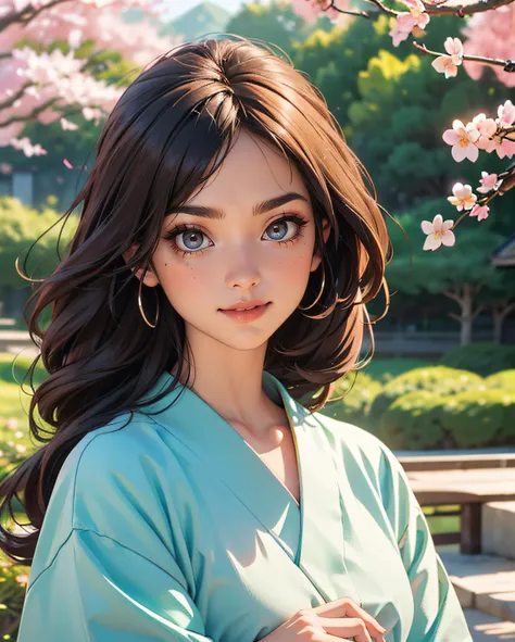 ((Best quality)), ((masterpiece)), ((realistic)), Girl with flawless beauty standing in a serene Japanese garden with cherry blossoms on eye level, scenic, masterpiece, (highres), original, extremely detailed 8K , (photorealistic:1.4),flawless face, perfect eyes,symmetrica body shape,smile, <lora:add_detail:0.4>