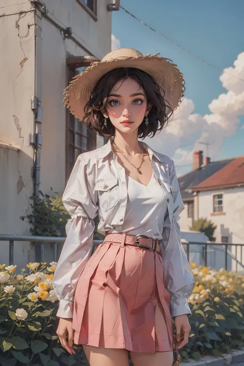 best quality, masterpiece, photorealistic, intricate detail, raw photo, photon rendering, octane rendering, ridiculous, ultra detailed, detailed face, detailed skin, trending on artstation, 8k masterpiece, cinematic lighting, 1girl, skirt, outdoor, flower, hat, solo, jewelry, blue eyes, red flower, shirt, white shirt, necklace, belt, long sleeves, looking at viewer, pleated skirt, sky, daytime, rose, blue skirt, short hair , earrings, blue sky, lip, red rose, hair accessory, black belt, cowboy shot, blush, smile, shirt tucked in, standing, cloud, buckle, collarbone, building, tree, straw hat, thigh, cross, belt buckle , sun hat, breasts, wind, hat flowers, puffy sleeves, white hair, yellow flowers, teeth, <lora:ymimi_v1:0.8>