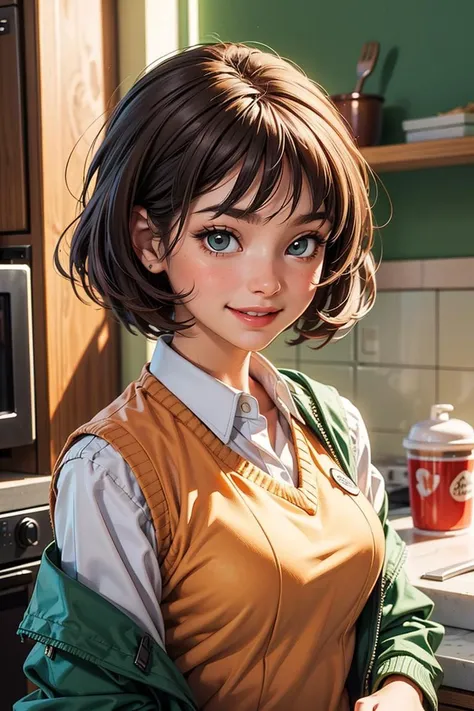 masterpiece, top quality, best quality, 1girl, (smile), (green ribbon), Sweater Vest, jacket, <lora:add_detail:0.4>, (apartment), (kitchen), sun light, (messy)