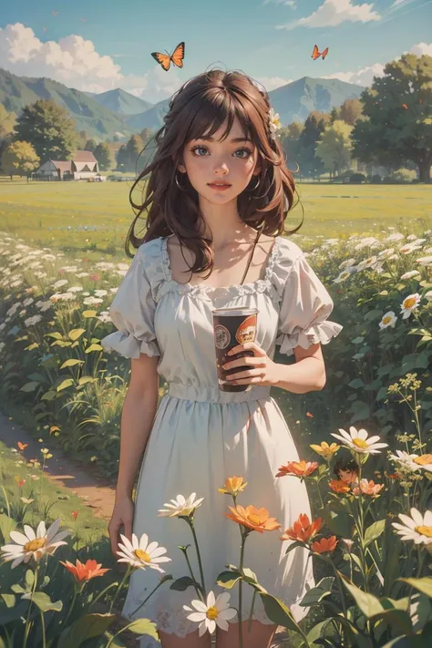 countryside road trip poster, masterpiece, best quality, 1girl, field of daisy, vibrant, happy, butterflies