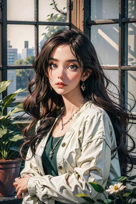 best quality, masterpiece, photo realistic, intricate details, raw photo, photon rendering, octane render, absurdres, ultra detailed, detailed face, detailed skin, trending on artstation,8k masterpiece,cinematic lighting, 1girl, black_hair, branch, cherry_blossoms, earrings, flower, indoors, jewelry, lantern, letterboxed, lips, long_hair, long_sleeves, looking_at_viewer, makeup, necklace, pearl_necklace, plant, potted_plant, solo, tree, upper_body, vase, window <lora:ymimi_v1:0.8>