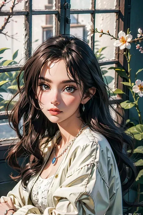 best quality, masterpiece, photo realistic, intricate details, raw photo, photon rendering, octane render, absurdres, ultra detailed, detailed face, detailed skin, trending on artstation,8k masterpiece,cinematic lighting, 1girl, black_hair, branch, cherry_blossoms, earrings, flower, indoors, jewelry, lantern, letterboxed, lips, long_hair, long_sleeves, looking_at_viewer, makeup, necklace, pearl_necklace, plant, potted_plant, solo, tree, upper_body, vase, window <lora:ymimi_v1:0.8>,smile, heppy,