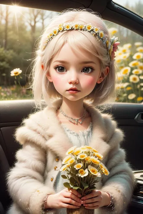 Masterpiece: 1.2, best quality, <lora:QQbaby_v1:0.8>,qqbaby,
(masterpiece, top quality, best quality, official art, beautiful and aesthetic:1.3),extreme detailed,colorful,highest detailed,((ultra-detailed)), (highly detailed CG illustration), ((an extremely delicate and beautiful)),cinematic light,((A girl, a car, car interior, flowers, daisies,Bouquet in hand, red flowers, afternoon sun, blurry, blurry, real foreground,White hair, black eyes, short hair))
<lora:add_detail:0.4>,