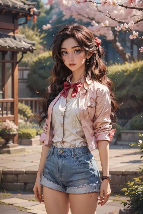 (fractal art:1.2), a cute girl,20 yo,Gray eyes, blonde hair, Long Slicked-Back Hairstyle, wearing (coral) open shirt,denim shorts,, at Serene Japanese garden with cherry blossoms, front view, earrings,bowtie, during sunrise,dramatic lighting , ((masterpiece)), (best quality), (highres), original, extremely detailed 8K , (photorealistic:1.4),flawless face, perfect eyes,symmetrica body shape,smile, <lora:ymimi_v1:0.8> <lora:add_detail:0.4>