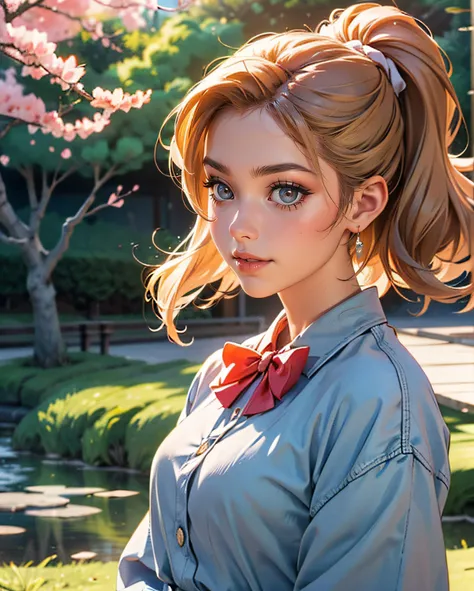 (fractal art:1.2), a cute girl,20 yo,Gray eyes, blonde hair, Long Slicked-Back Hairstyle, wearing (coral) open shirt,denim shorts,, at Serene Japanese garden with cherry blossoms, front view, earrings,bowtie, during sunrise,dramatic lighting , ((masterpiece)), (best quality), (highres), original, extremely detailed 8K , (photorealistic:1.4),flawless face, perfect eyes,symmetrica body shape,smile, <lora:add_detail:0.4>