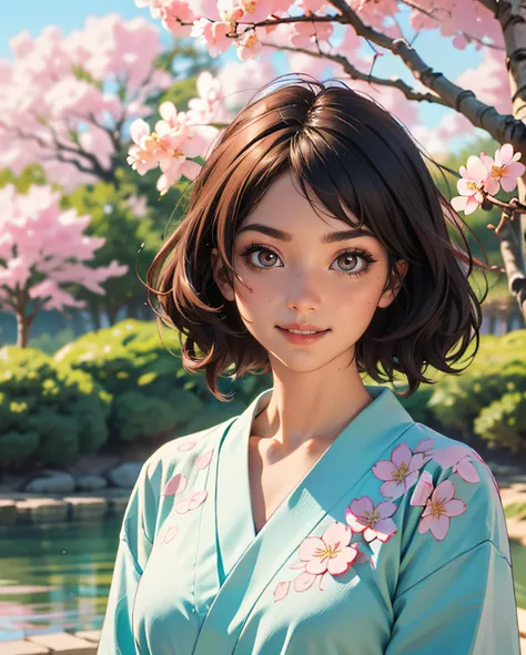 ((Best quality)), ((masterpiece)), ((realistic)), Girl with flawless beauty standing in a serene Japanese garden with cherry blossoms on eye level, scenic, masterpiece, (highres), original, extremely detailed 8K , (photorealistic:1.4),flawless face, perfect eyes,symmetrica body shape,smile, <lora:add_detail:0.4>