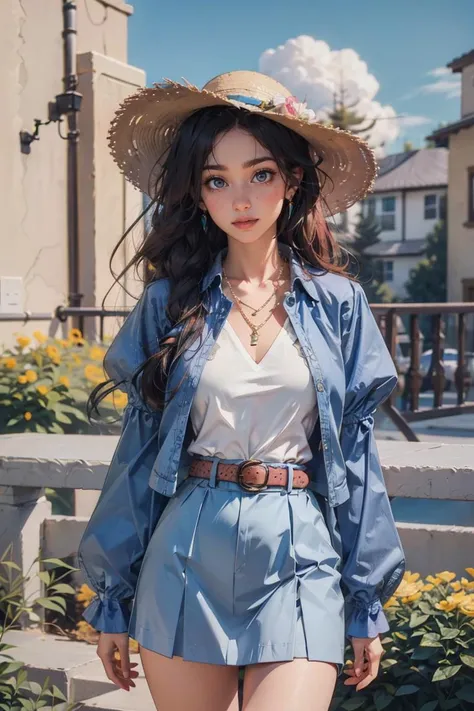 best quality, masterpiece, photorealistic, intricate detail, raw photo, photon rendering, octane rendering, ridiculous, ultra detailed, detailed face, detailed skin, trending on artstation, 8k masterpiece, cinematic lighting, 1girl, skirt, outdoor, flower, hat, solo, jewelry, blue eyes, red flower, shirt, white shirt, necklace, belt, long sleeves, looking at viewer, pleated skirt, sky, daytime, rose, blue skirt, short hair , earrings, blue sky, lip, red rose, hair accessory, black belt, cowboy shot, blush, smile, shirt tucked in, standing, cloud, buckle, collarbone, building, tree, straw hat, thigh, cross, belt buckle , sun hat, breasts, wind, hat flowers, puffy sleeves, white hair, yellow flowers, teeth, <lora:ymimi_v1:0.8>