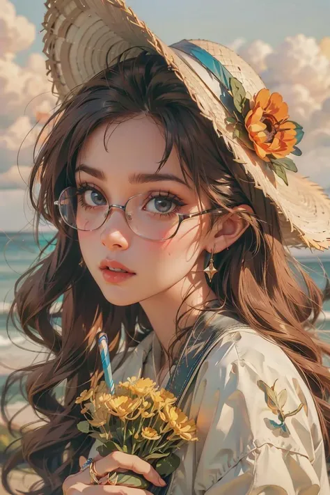 masterpiece, best quality, 1girl, solo, starfish, seashell, shell, flower, hat, hair ornament, jewelry, straw hat, looking at viewer, sunglasses, hat flower, drinking straw, hairclip, earrings, red flower, tinted eyewear, yellow flower, bangs, english text, multicolored hair, orange flower, black hair, ring, cup, long hair, orange-tinted eyewear, food, brown hair, portrait, shell hair ornament ,,<lora:detailed_eye-10:0.4> <lora:ymimi_v1:0.8>