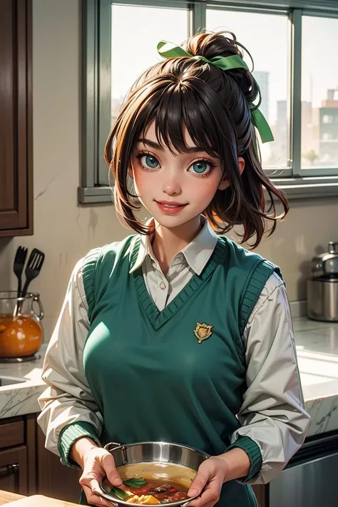masterpiece, top quality, best quality, 1girl, (smile), (green ribbon), Sweater Vest, jacket, <lora:add_detail:0.4>, (apartment), (kitchen), sun light, (messy)