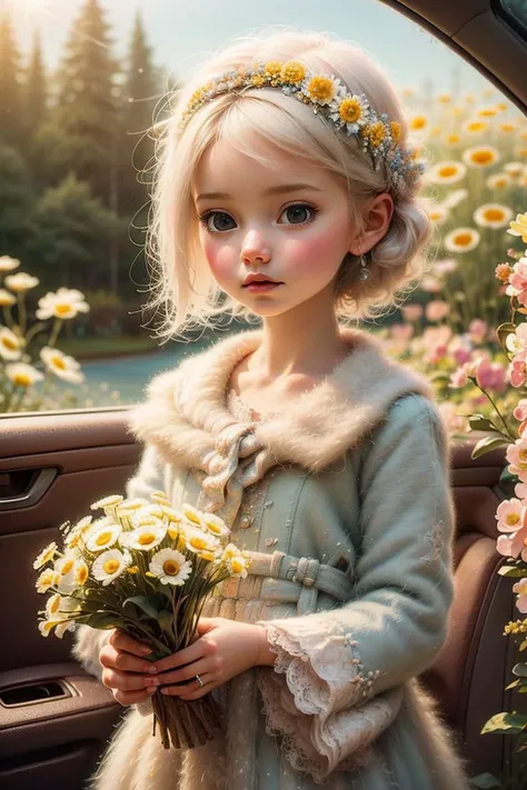 Masterpiece: 1.2, best quality, <lora:QQbaby_v1:0.8>,qqbaby,
(masterpiece, top quality, best quality, official art, beautiful and aesthetic:1.3),extreme detailed,colorful,highest detailed,((ultra-detailed)), (highly detailed CG illustration), ((an extremely delicate and beautiful)),cinematic light,((A girl, a car, car interior, flowers, daisies,Bouquet in hand, red flowers, afternoon sun, blurry, blurry, real foreground,White hair, black eyes, short hair))
<lora:add_detail:0.4>,