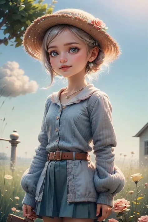 <lora:QQbaby_v1:0.8>,qqbaby
best quality, masterpiece, photorealistic, intricate detail, raw photo, photon rendering, octane rendering, ridiculous, ultra detailed, detailed face, detailed skin, trending on artstation, 8k masterpiece, cinematic lighting, 1girl, skirt, outdoor, flower, hat, solo, jewelry, blue eyes, red flower, shirt, white shirt, necklace, belt, long sleeves, looking at viewer, pleated skirt, sky, daytime, rose, blue skirt, short hair , earrings, blue sky, lip, red rose, hair accessory, black belt, cowboy shot, blush, smile, shirt tucked in, standing, cloud, buckle, collarbone, building, tree, straw hat, thigh, cross, belt buckle , sun hat, breasts, wind, hat flowers, puffy sleeves, white hair, yellow flowers, teeth,
<lora:add_detail:0.4>,